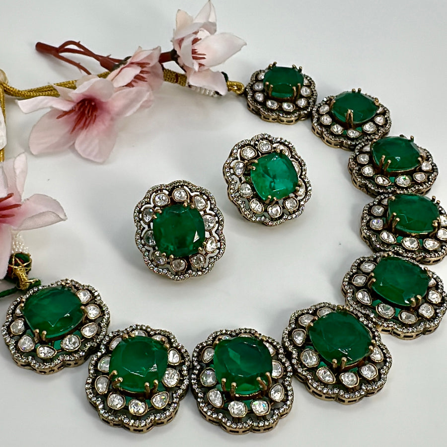 Green Doublet & Moissanite Sabya Inspired Necklace Set