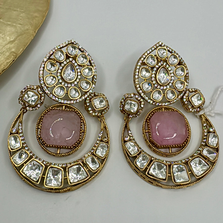 Pink Doublet Moissanite Kundan Statement Chand Bali Earrings