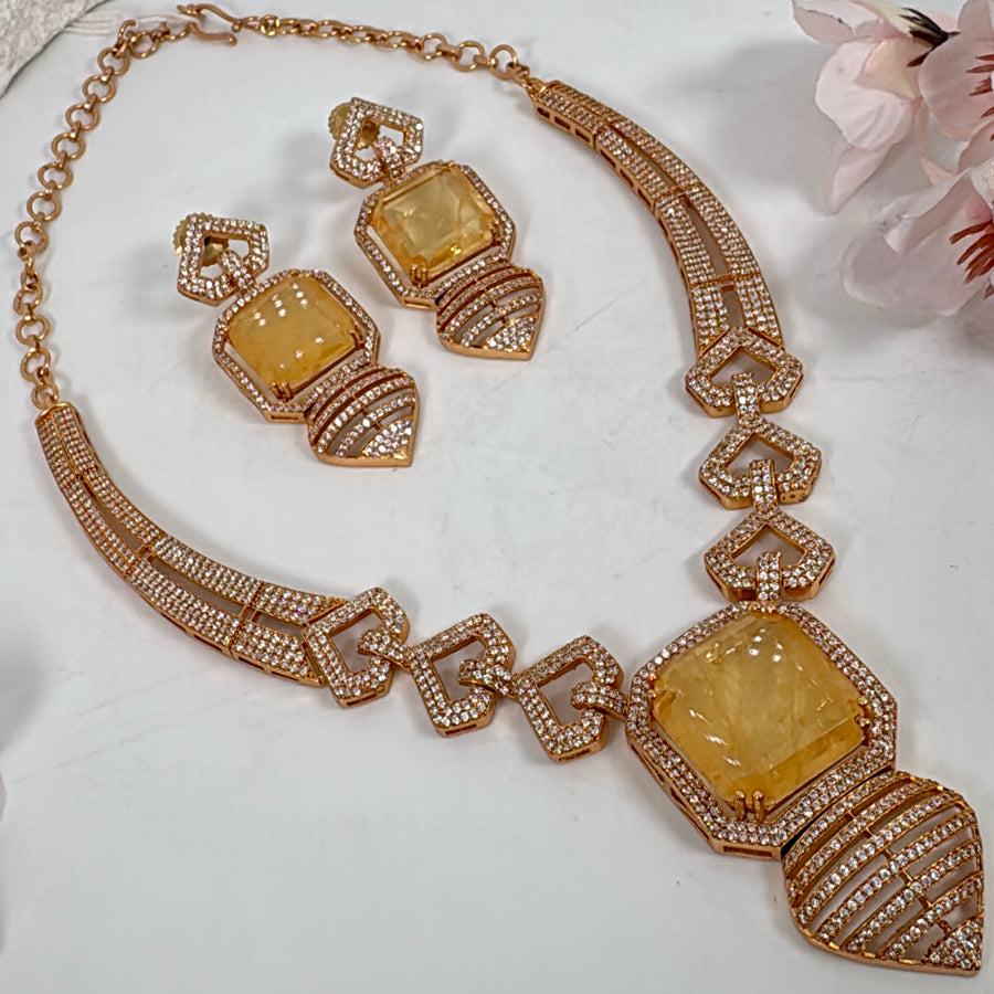 Yellow Doublet American Diamonds Cubic Zirconia Kundan Necklace Set