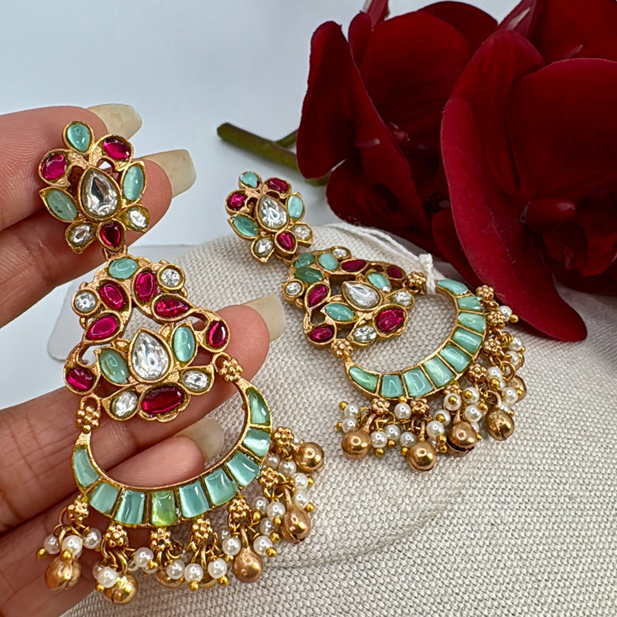 Ruby Turquoise Jadau Moissanite Lightweight Chand Bali Earrings