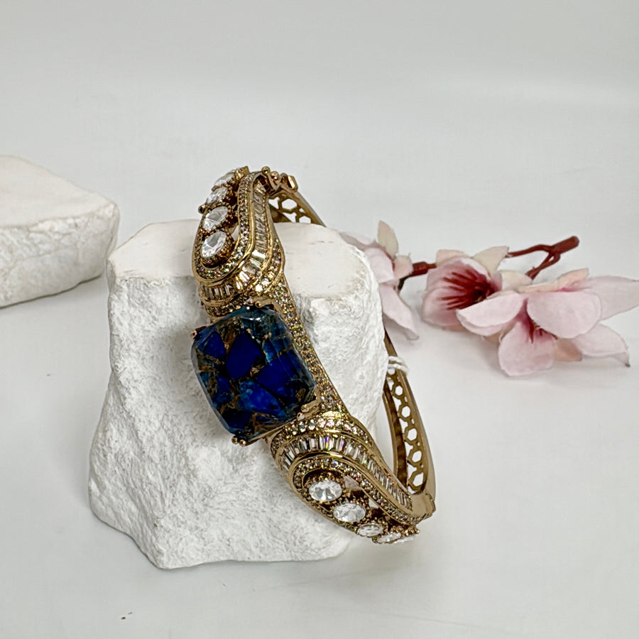 Blue Marble Stone Kundan Moissanite Openable Bangle( Fits Size 2.2-2.6)
