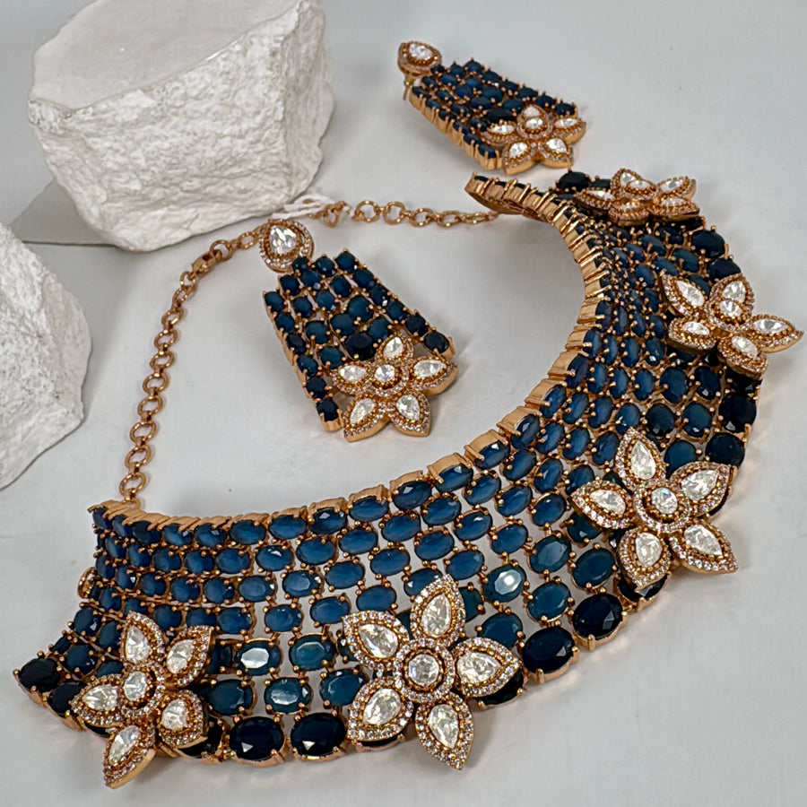 Blue Moissanite Statement Necklace Set