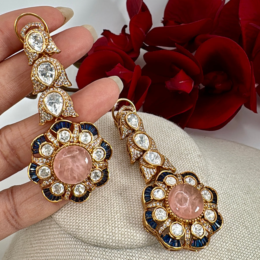 Peach Doublet & Blue Jadau Moissanite Earrings