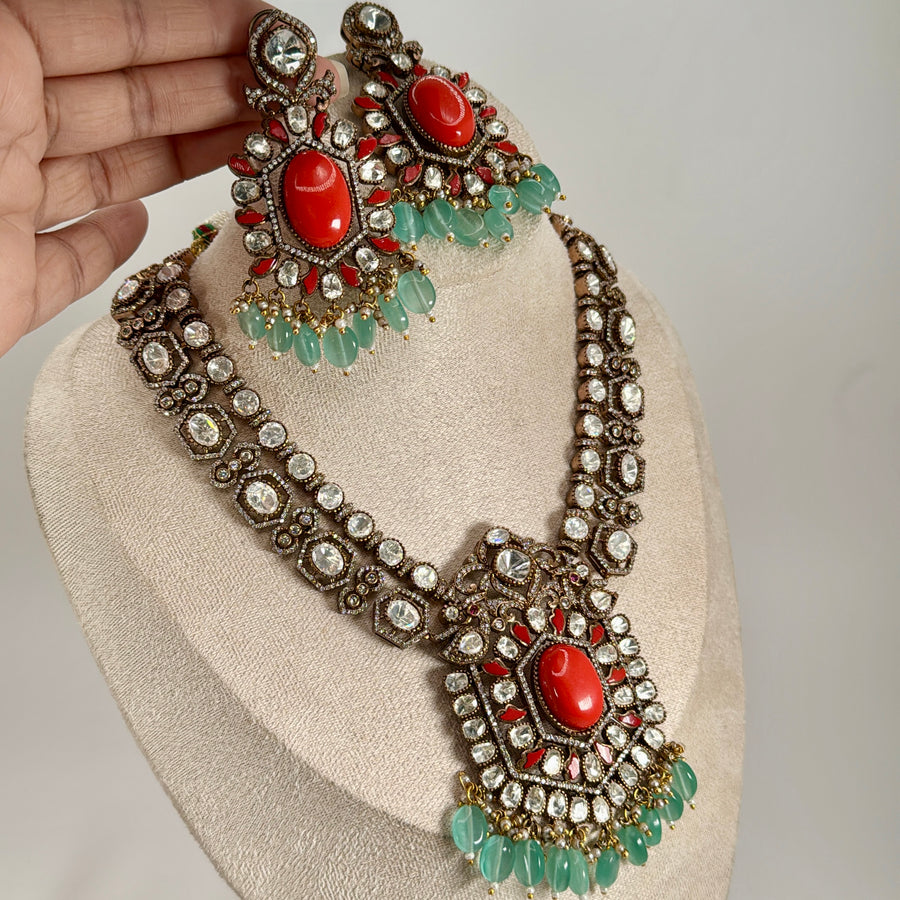 Red Coral & Mint Moissanite Necklace Set