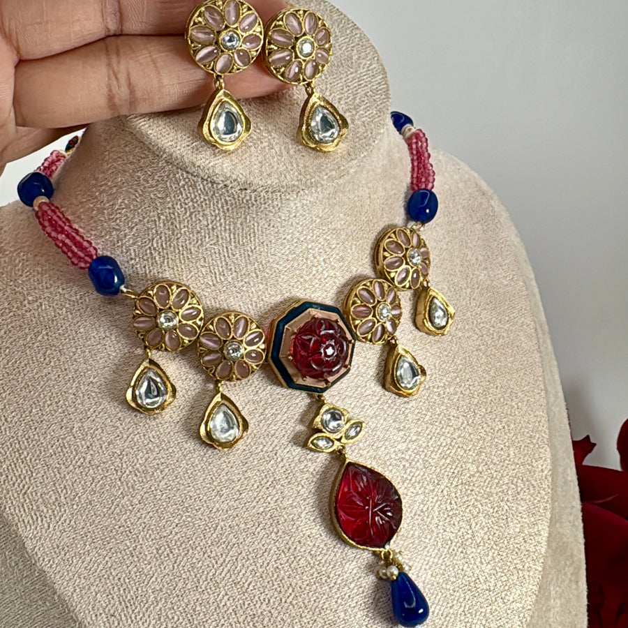Ruby Blue Carved Doublet Enamel Dainty Necklace Set
