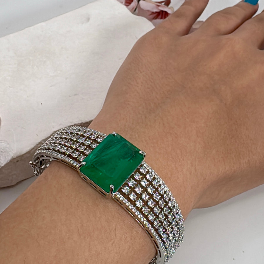 Green Doublet & American Diamonds Cubic Zirconia Openable Bangle(Fits Size 2.2-2.6)