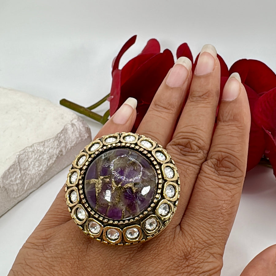 Purple Marble Doublet Moissanite Tall Statement Finger Ring