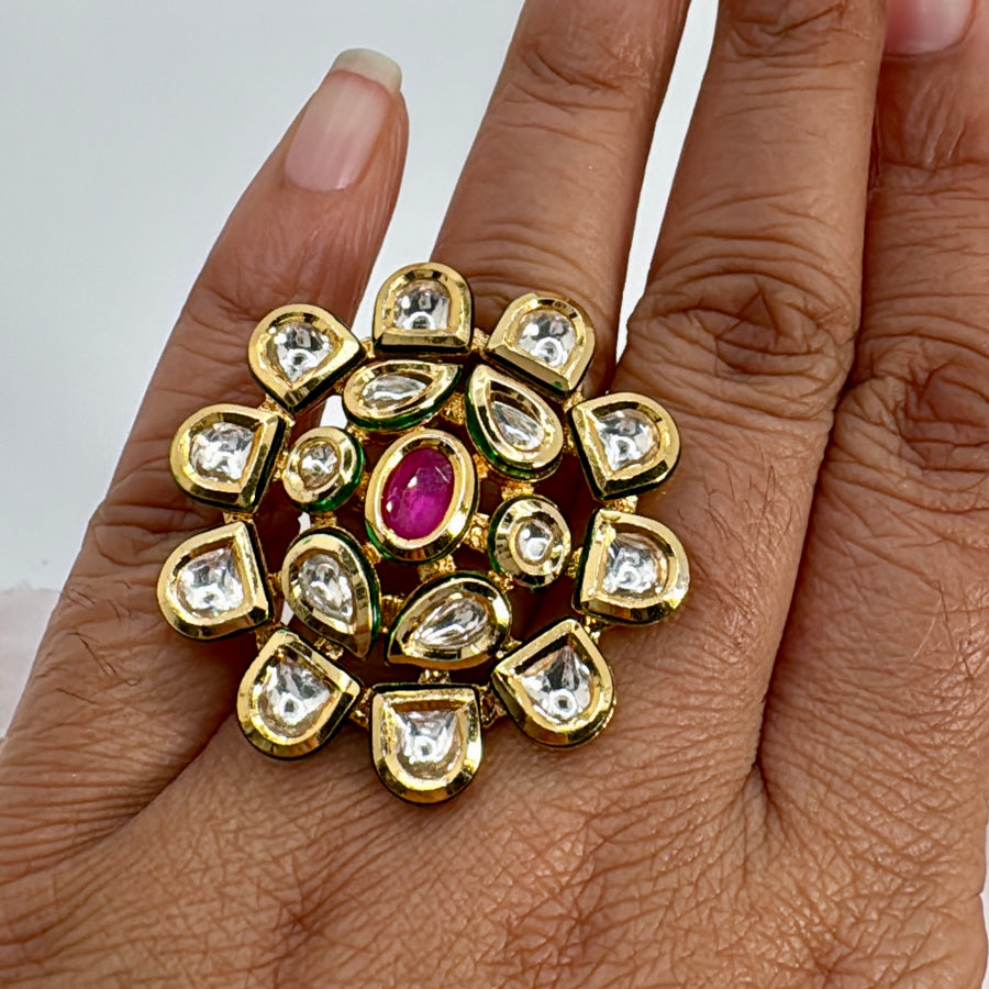 Ruby Bikaner Kundan Statement Adjustable Finger Ring