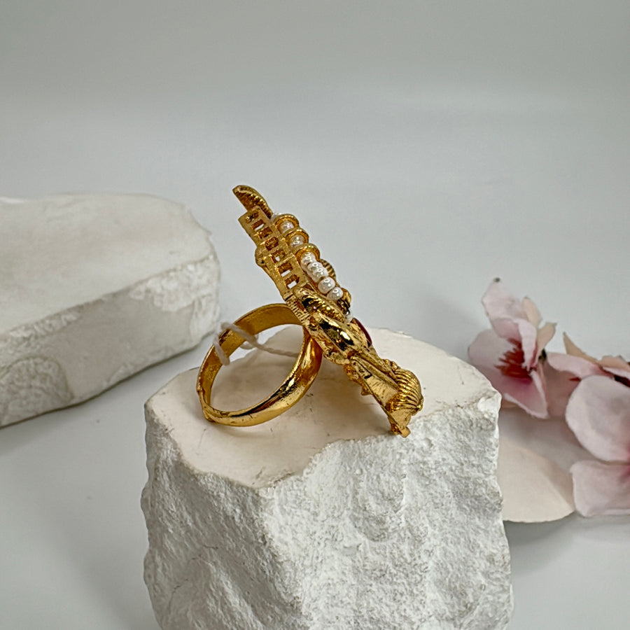 Ruby Jadau Silver Lookalike Gold Adjustable Finger Ring