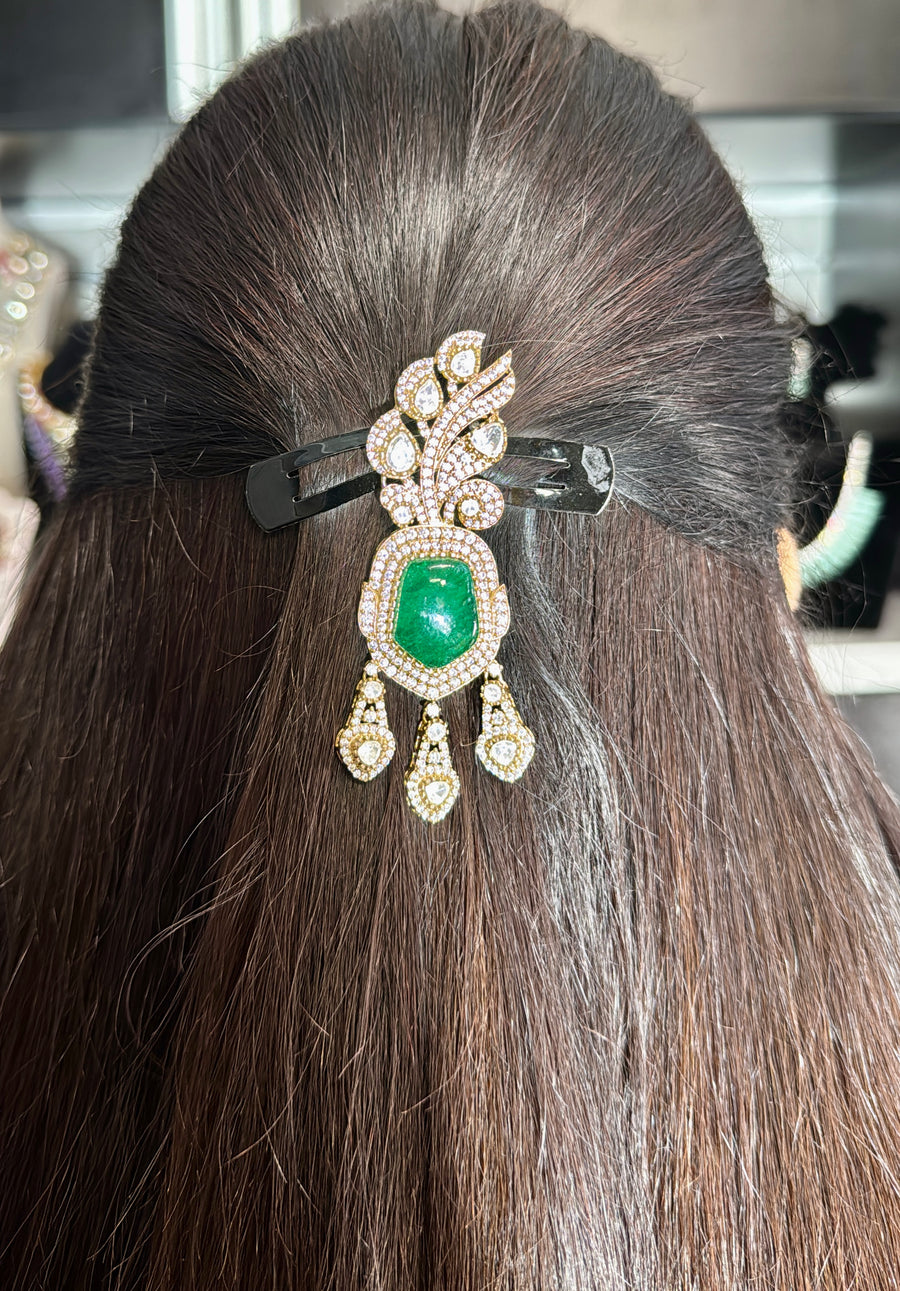 Green Doublet & Moissanite Kundan Gold Polish Juda Bun Hair Accessory(Can also be worn as Pendant)