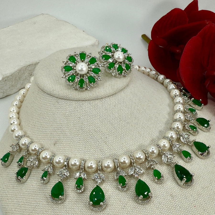 Green Pearls Cubic Zirconia Necklace Set