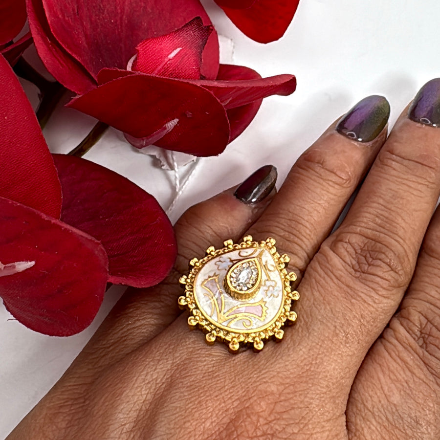 Clear Ivory Multi Meenakari Kundan Adjustable Finger Ring