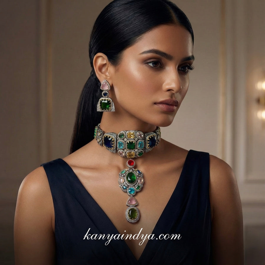 Multi Cubic Zirconia Sabya Inspired Choker NecklaceSet