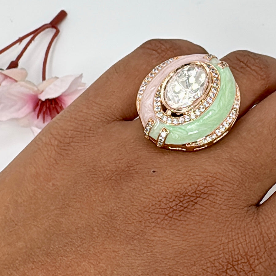 Mint Pink Italian Meenakari Moissanite Adjustable Finger Ring