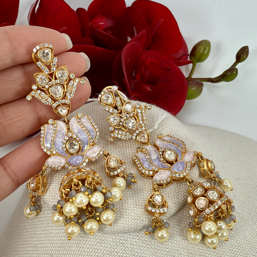 Pink & Lilac Jadau Moissanite Jhumka Earrings