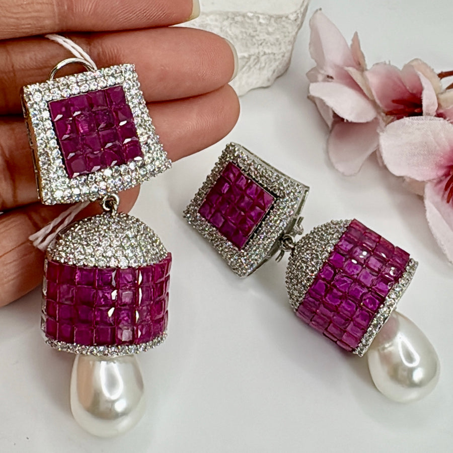 Ruby American Diamonds CZs Invisible Setting With Pearl Earrings