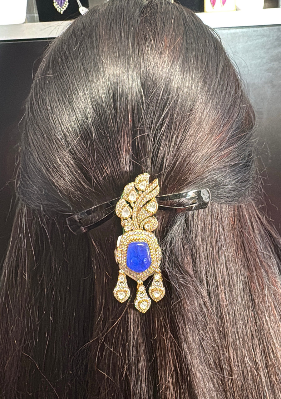 Blue Doublet & Moissanite Kundan Juda Bun Hair Accessory(Can also be worn as Pendant)