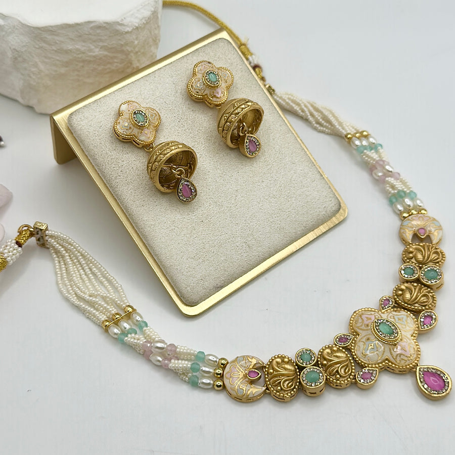 Multi Meenakari Gold Looking Dainty Necklace Set