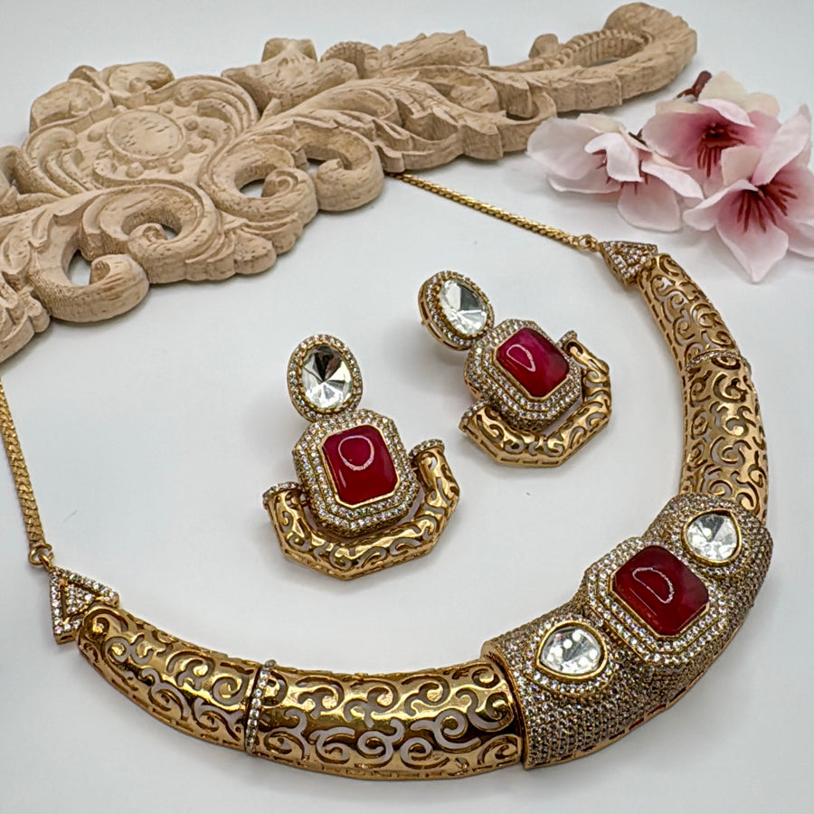 Ruby Red Antique Gold Moissanite & American Diamonds Hasli Set