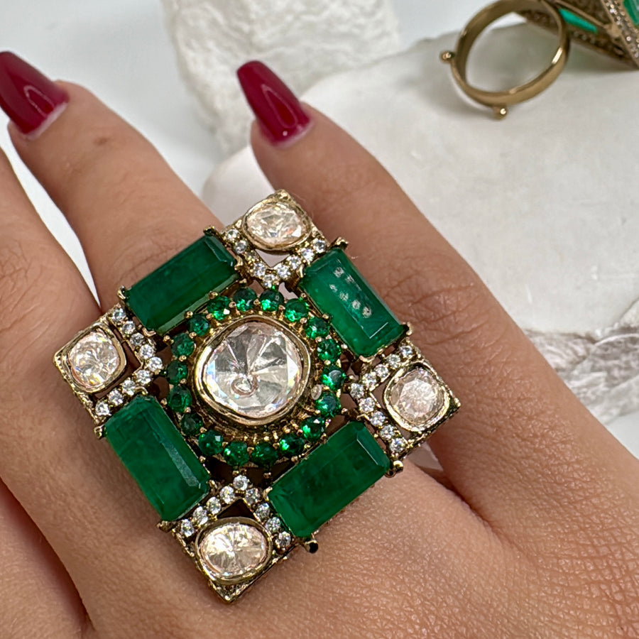 Emerald Green Doublet Moissanite Statement Adjustable Square Finger Ring