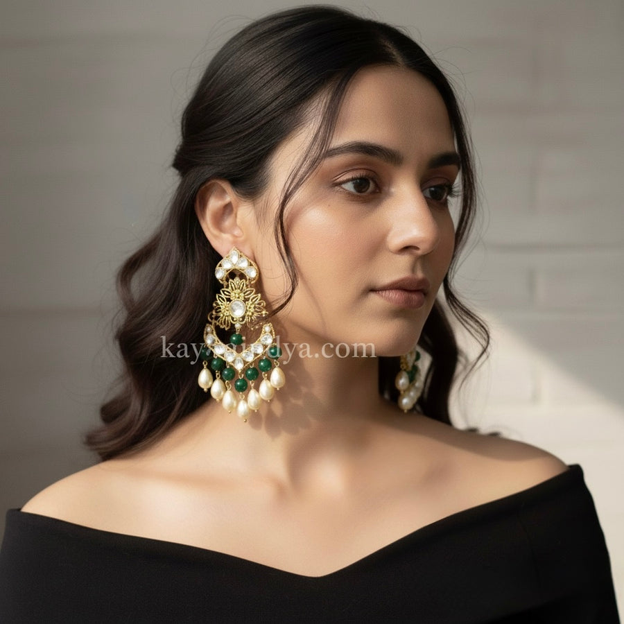 Green Pearl Chand Bali Earrings
