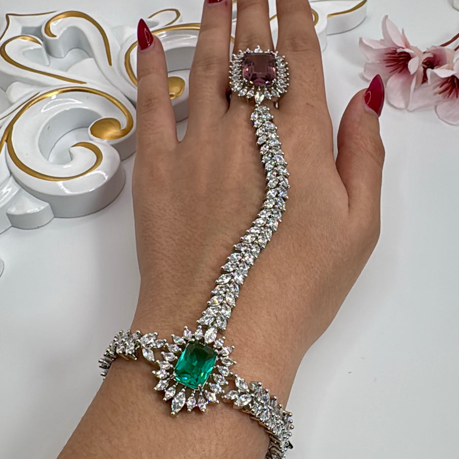 Teal & Amethyst American Diamonds CZ Adjustable Finger Bracelet