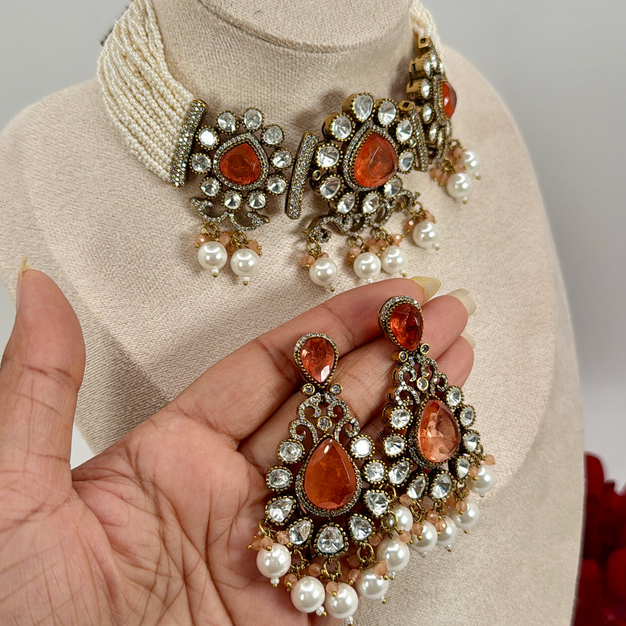 Orange Doublet Moissanite Pearl Choker Necklace Set