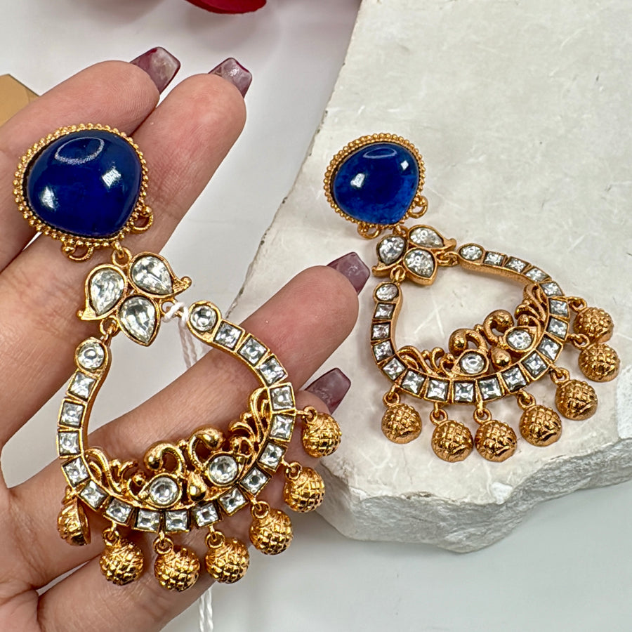Blue Paachi Kundan Chand Bali Earrings