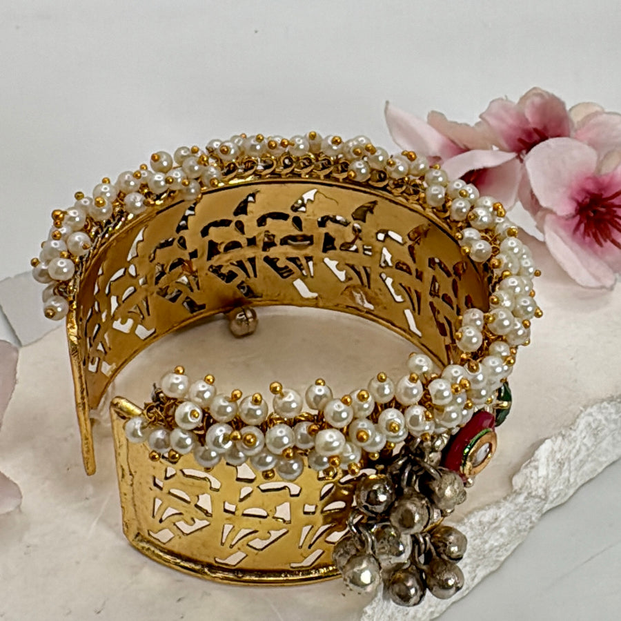 Multi Silver Lookalike Gold Pearl Cluster Cuff Bangle(One Size Fits All)