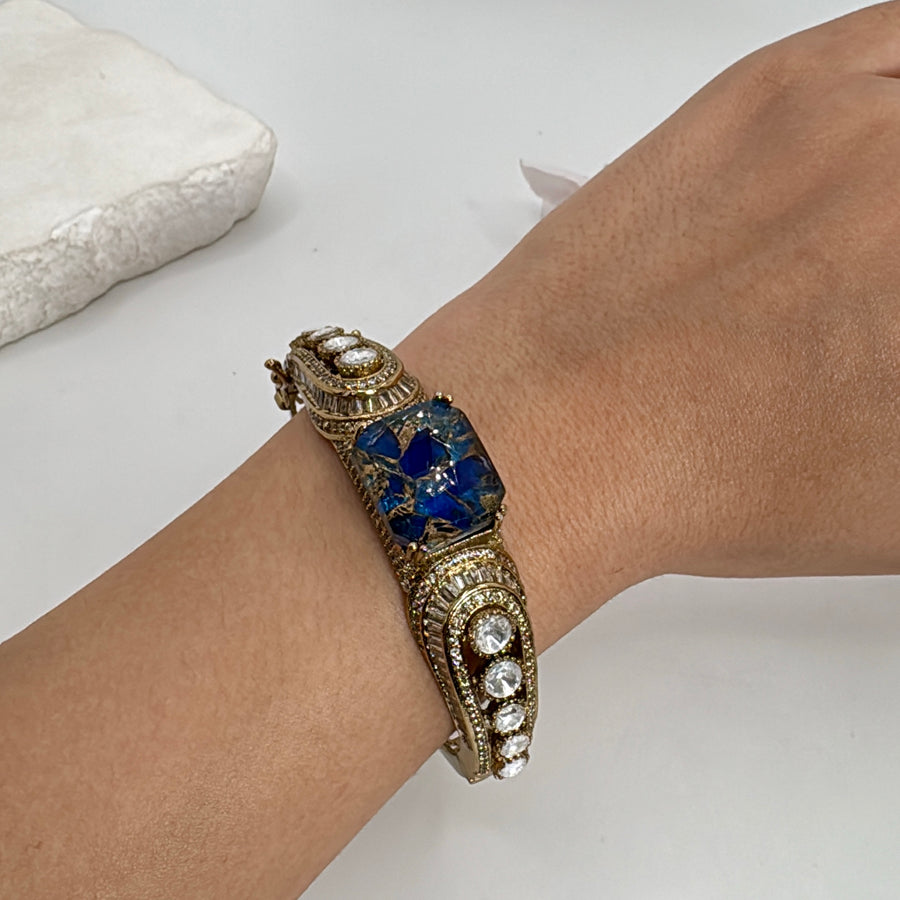 Blue Marble Stone Kundan Moissanite Openable Bangle( Fits Size 2.2-2.6)