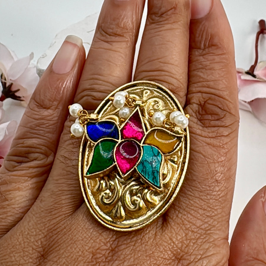Multi Paachi Silver Lookalike Gold Adjustable Finger Ring