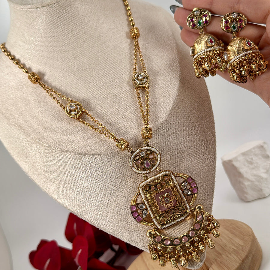Pink Heritage Antique Gold Dainty Jadau Long Necklace Set