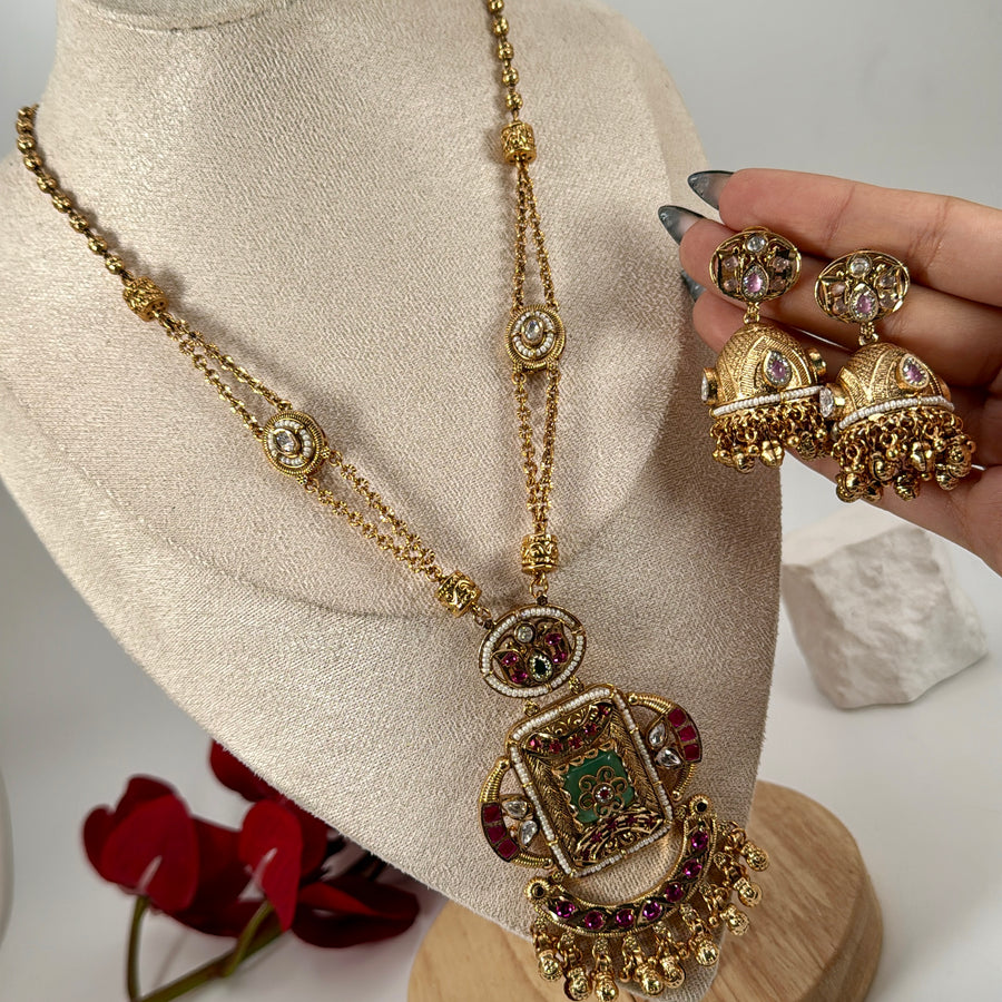 Ruby Green Heritage Antique Gold Dainty Jadau Long Necklace Set