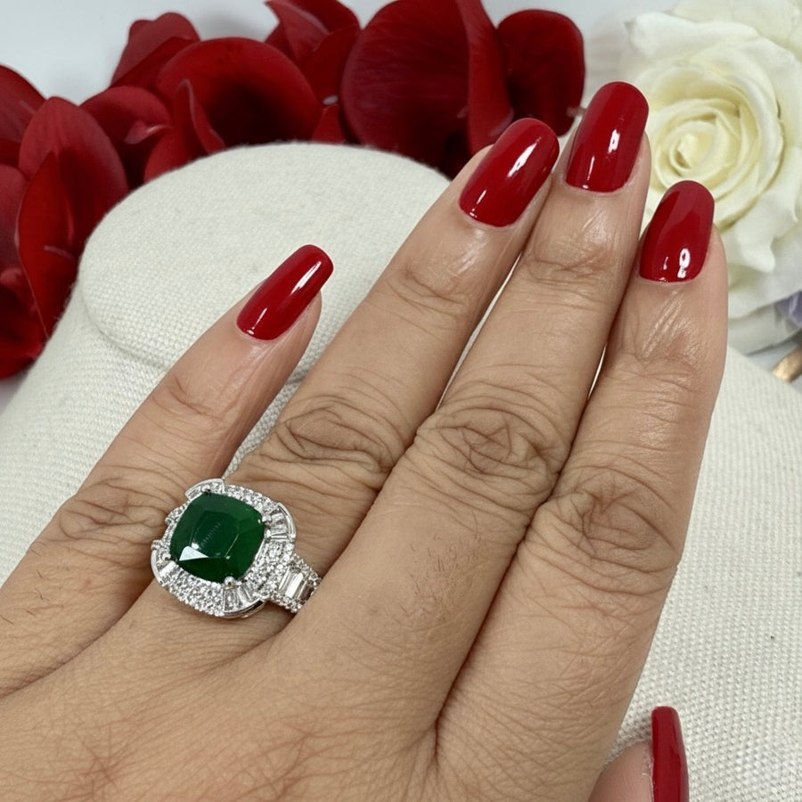 Green Italian AAA Cut American Diamonds Adjustable Finger Ring