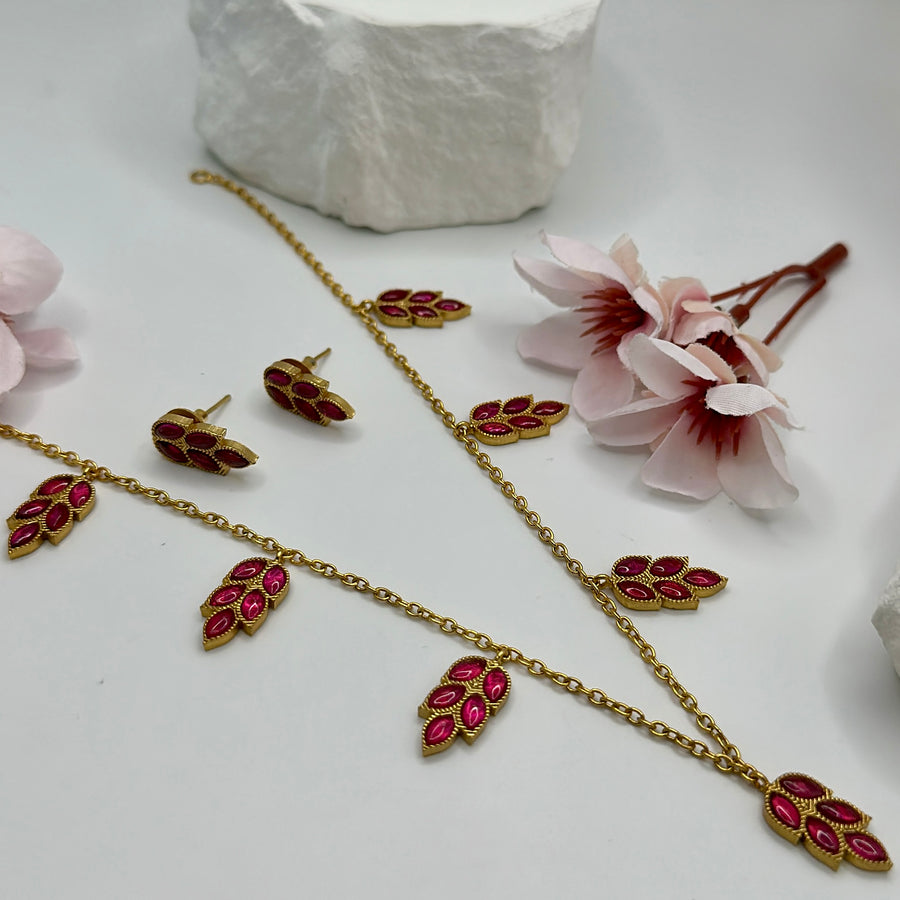 Ruby Dainty Leaves Necklace Set