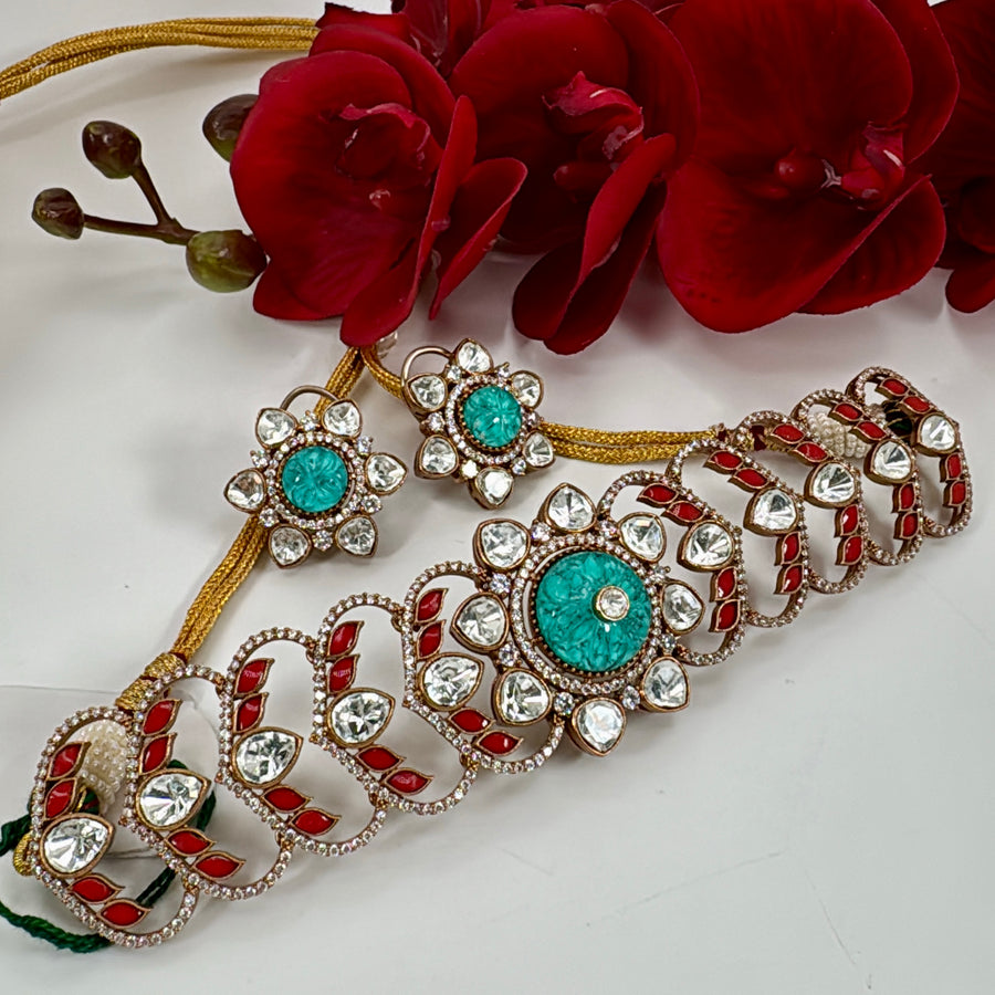 Turquoise & Coral Red Moissanite Choker Necklace Set
