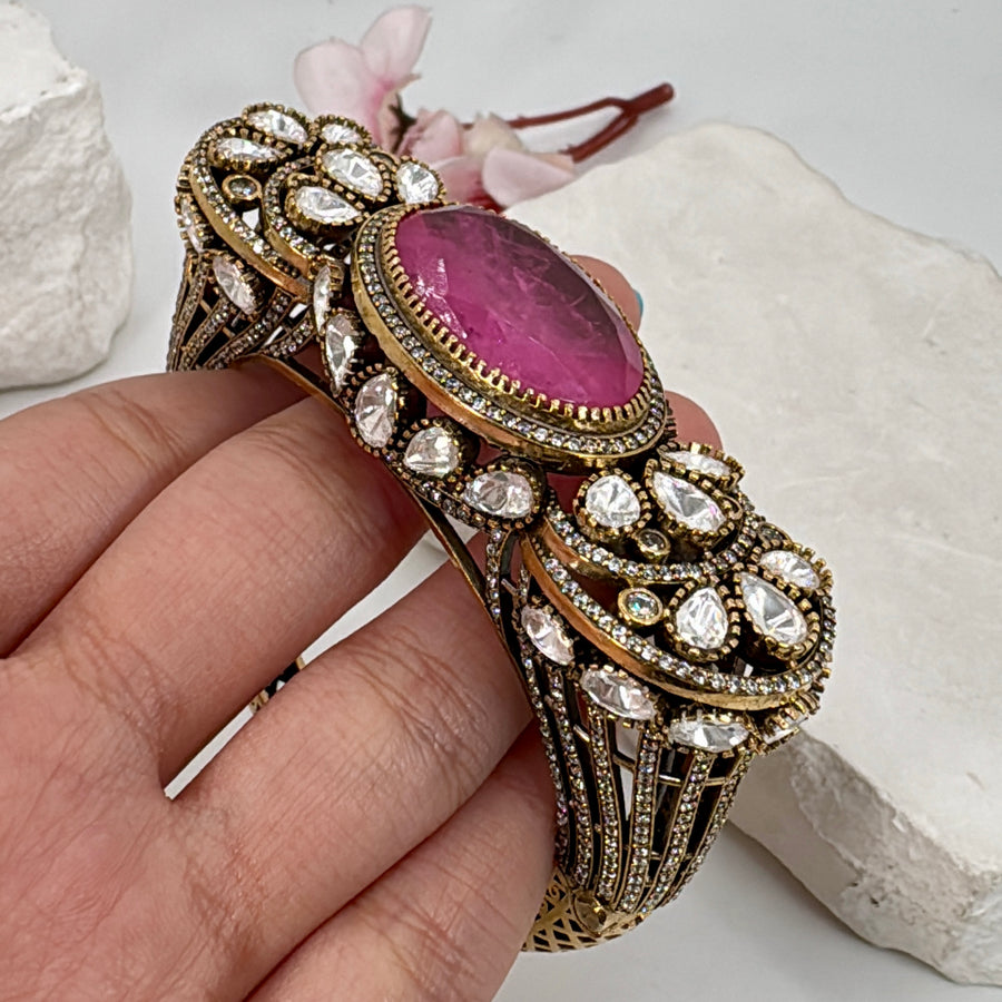 Pink Doublet Moissanite Statement Openable Statement Bangle (Fits Size 2.2-2.6)