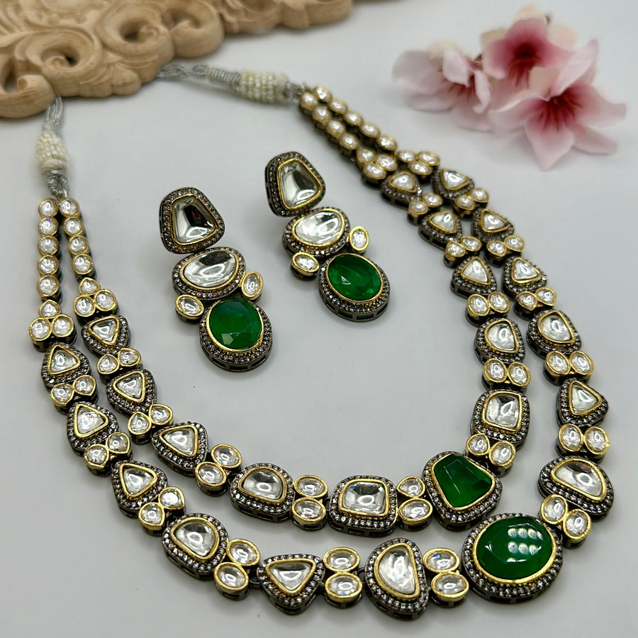 Green Two Layer Kundan & Doublet Necklace Set