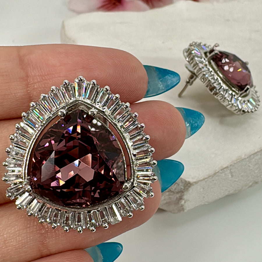 Wine Purple Swarovski Crystals & Baguette American Diamonds Cubic Zirconia Stud Earrings