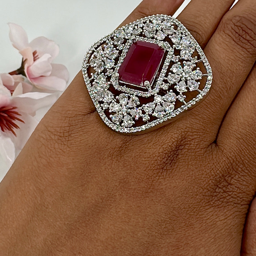 Ruby Cubic Zirconia American Diamonds Statement Cocktail Adjustable Finger Ring