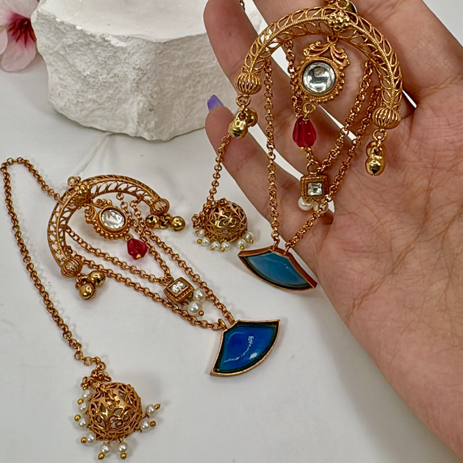 Blue Multi Apala Inspired Antique Gold Kashmiri Style Earrings