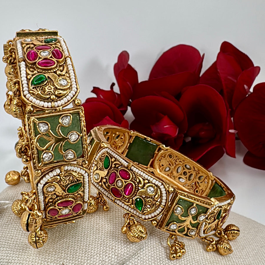 Mint & Ruby Antique Gold Heritage Ghungroo Openable Bangle Pair(Size 2.6)