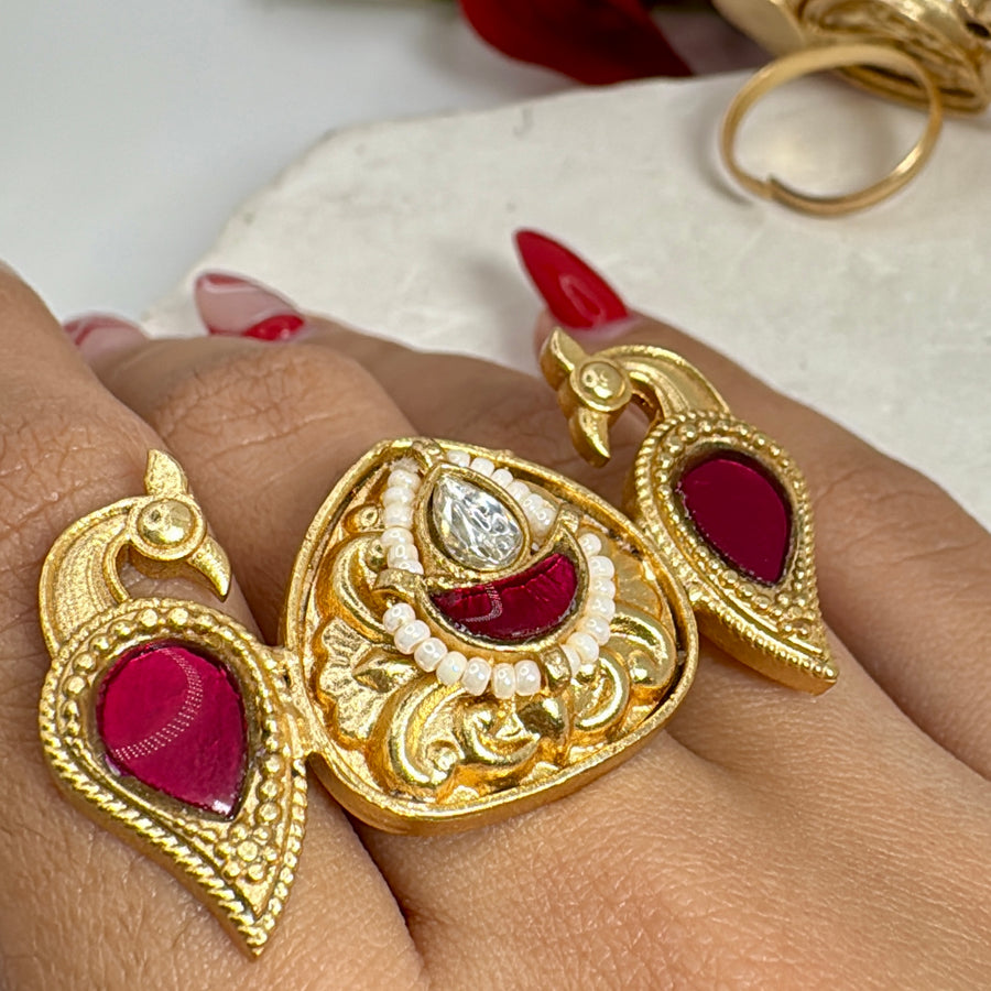 Ruby Silver Lookalike Gold Adjustable Finger Ring