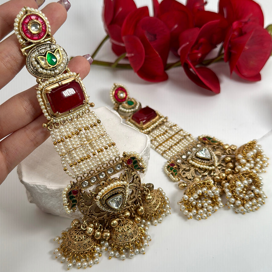 Red Multi Pearls Statement Jhumka Chand Bali Earrings (Approx. Length 6 inches)