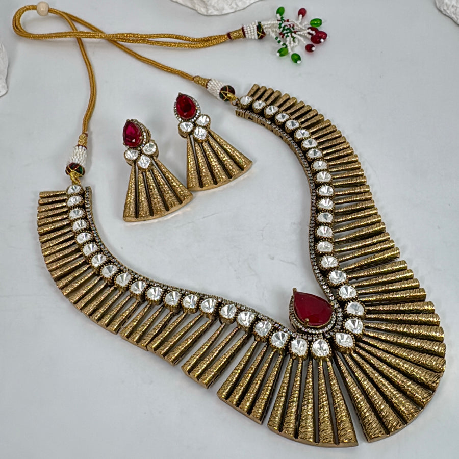 Ruby Doublet Moissanite Antique Gold Chic Necklace Set