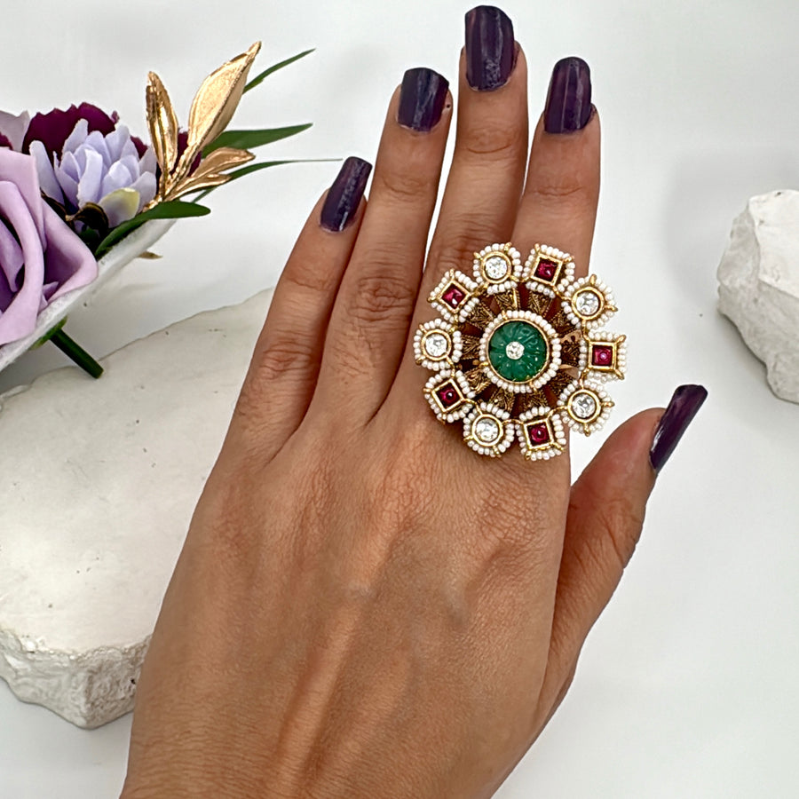 Ruby Mint Antique Gold Statement Adjustable Finger Ring