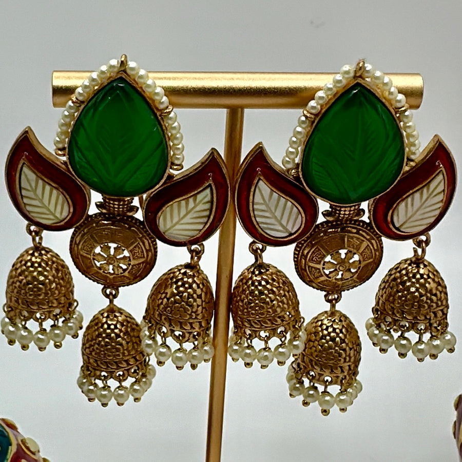 Green & Red MOP Silver Lookalike Antique Gold Jhumka Earrings