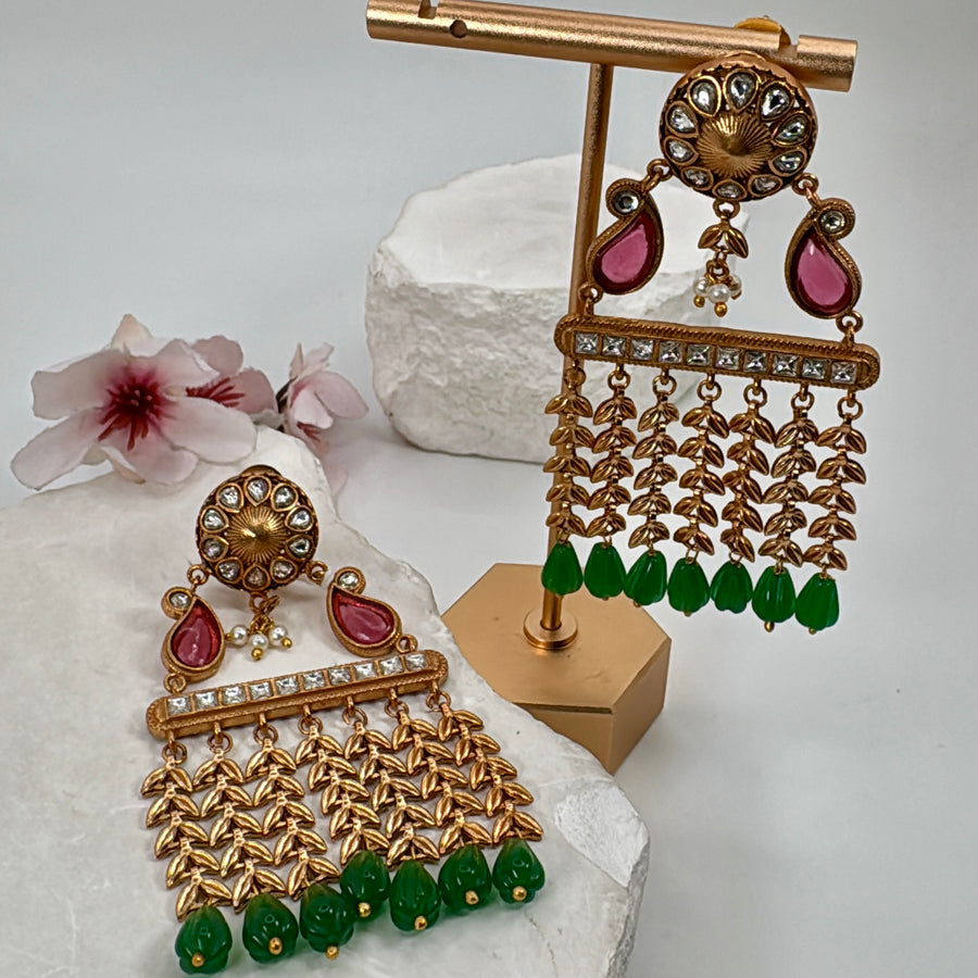 Red & Green Apala Inspired Antique Gold Earrings