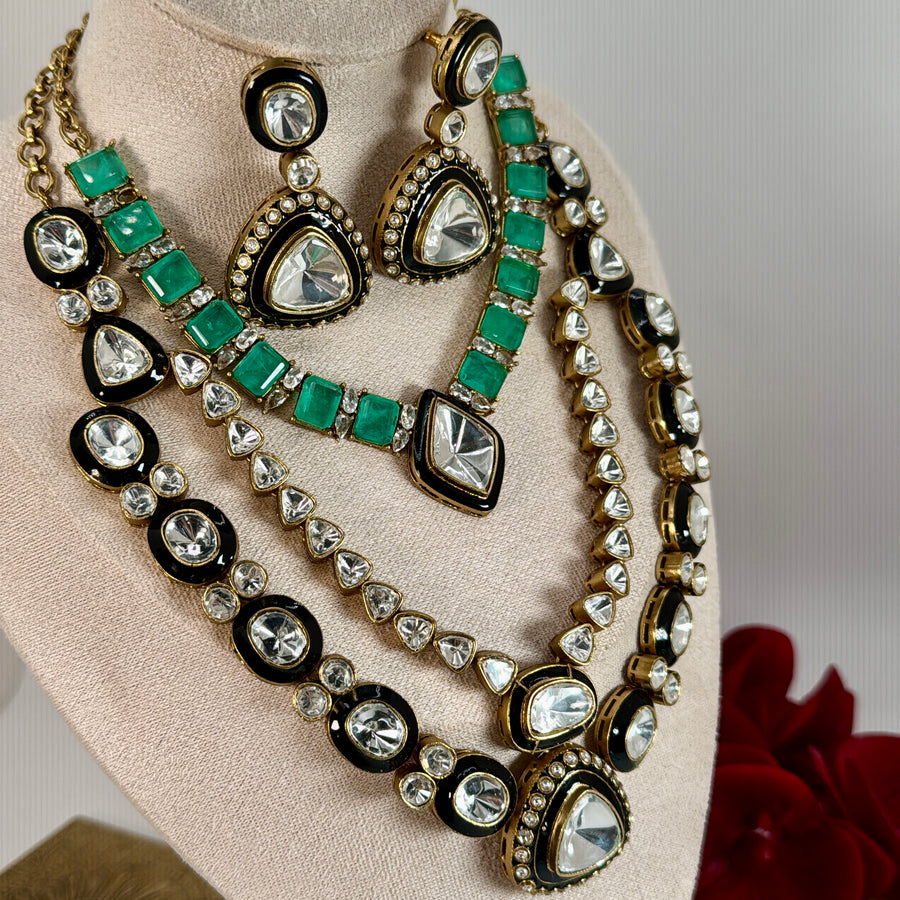 Mint Black Meenakari uncut Kundan 2 Necklaces In One Set