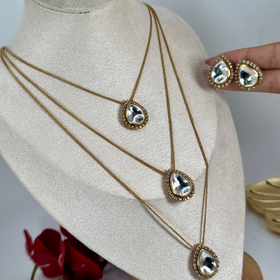 Clear Three Layer Dainty Moissanite Kundan NecklaceSet